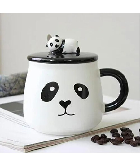 Panda Dizaynlı Keramika Çay-Qəhvə Fincanı – Qapaq və Qaşıq Daxildir