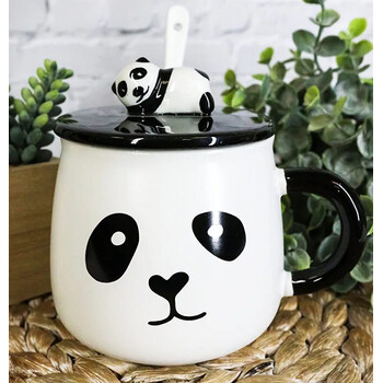 Panda Dizaynlı Keramika Çay-Qəhvə Fincanı – Qapaq və Qaşıq Daxildir