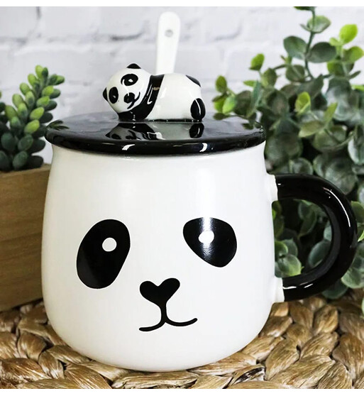 Panda Dizaynlı Keramika Çay-Qəhvə Fincanı – Qapaq və Qaşıq Daxildir