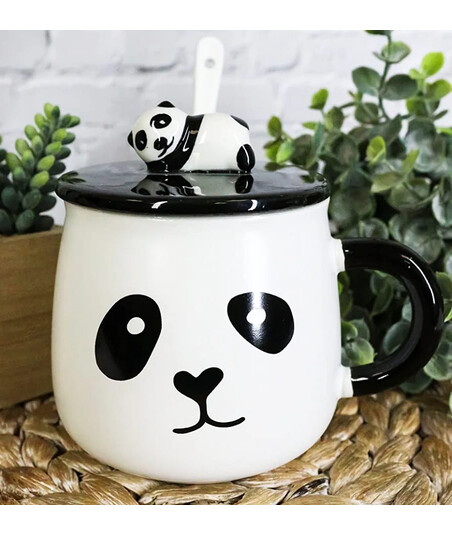 Panda Dizaynlı Keramika Çay-Qəhvə Fincanı – Qapaq və Qaşıq Daxildir