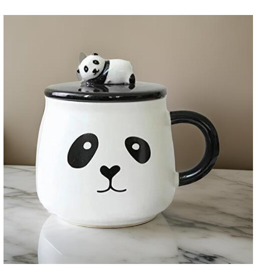 Panda Dizaynlı Keramika Çay-Qəhvə Fincanı – Qapaq və Qaşıq Daxildir